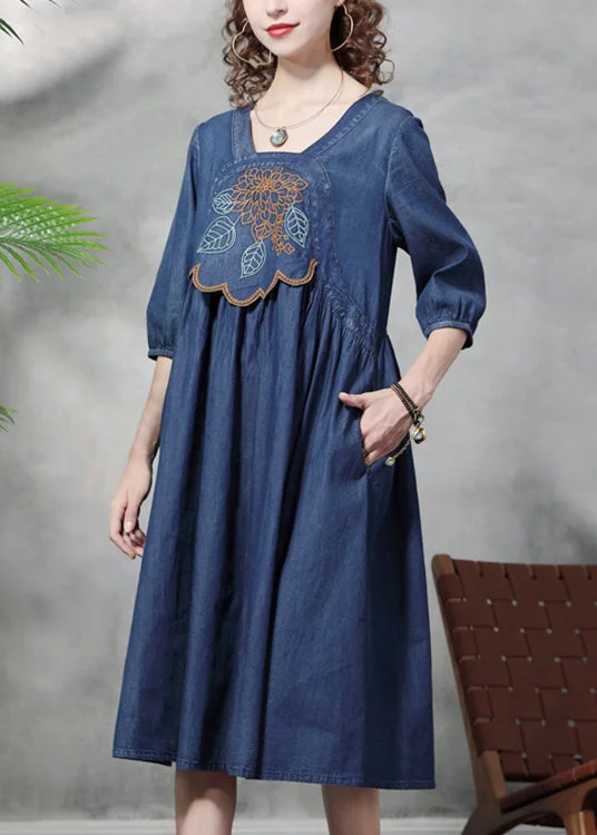 Huge Savings flowy evening dressFrench Blue Cinched Square Collar Embroideried Cotton Denim Dresses Half Sleeve Huge Savings flowy evening dressFrench Blue Cinched Square Collar Embroideried Cotton Denim Dresses Half Sleeve