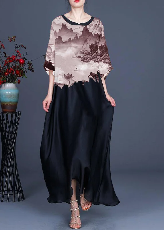 Can't Be Beat shift dressPlus Size mountain river pattern Print O-Neck Chiffon Summer Dress
