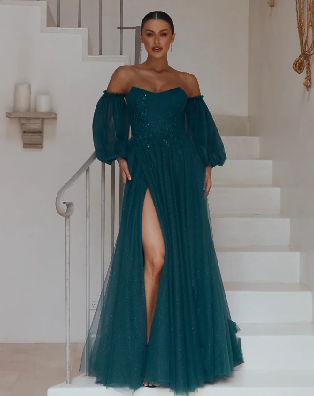 Final Markdown chic dressLilia Off Shoulder Tulle Gown - Emerald