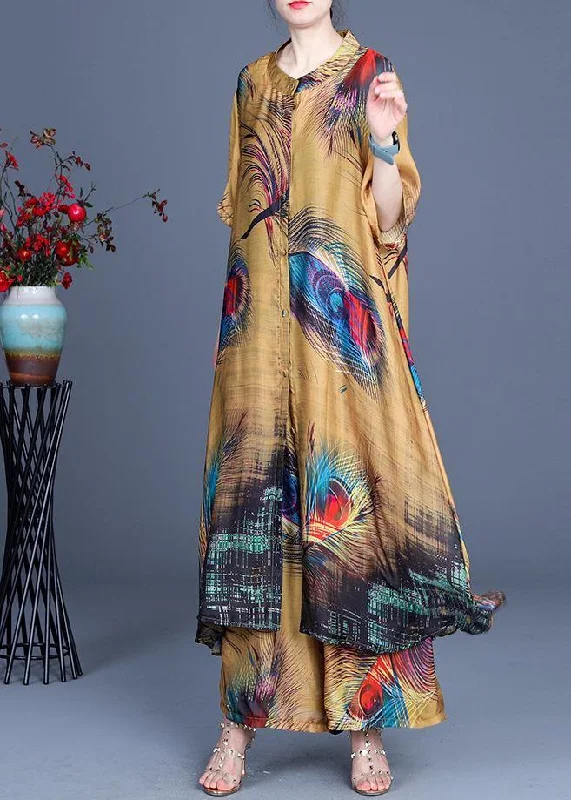 Time-Limited Offer casual dressPlus Size Yellow Print O-Neck Silk Two Pieces Set Summer