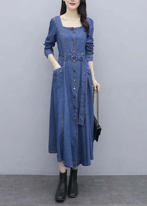 Limited Availability casual dressFitted Blue Square Collar button Sashes pocket Cotton denim Dress Long Sleeve