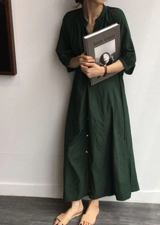 Low Prices floral dressVintage Tea Green side open Cotton shirt long Dress Half Sleeve
