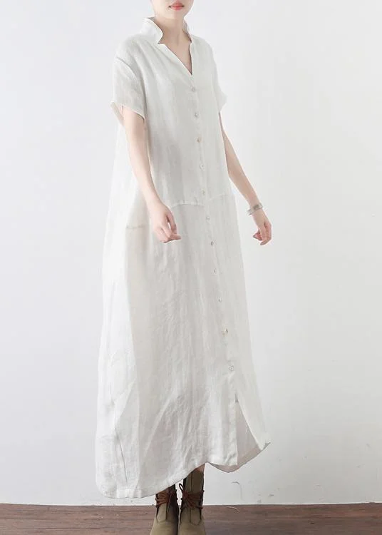 New Deals long-sleeve floral dressSimple White V Neck Vacation Dress Summer Linen Dress