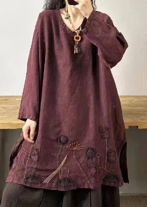 Special Promotion pleated maxi dressVintage Mulberry V Neck Embroidered Patchwork Linen Mid Dresses Fall