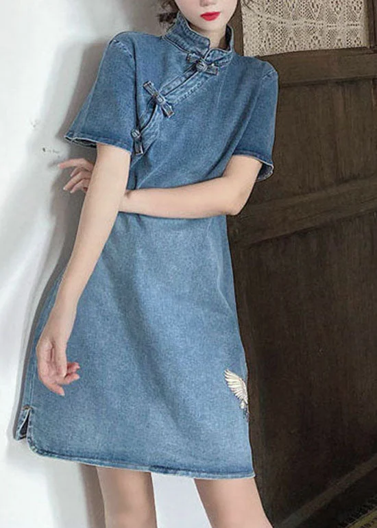 Epic Deals bodycon dressvintage Blue Stand Collar button Embroideried Denim Dresses Short Sleeve Epic Deals bodycon dressvintage Blue Stand Collar button Embroideried Denim Dresses Short Sleeve