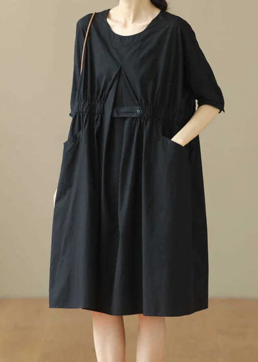 YEAR-End Sale winter dressBlack Patchwork Cotton Mid Dresses O Neck Wrinkled Summer