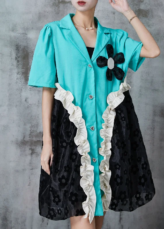Price Reduction sleek dressElegant Blue Ruffled Patchwork Floral Spandex Dress Summer