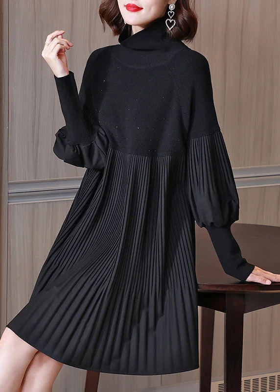 Stock Clearance form-fitting dressFashion Black Turtleneck Patchwork Wrinkled Knit Dress Lantern Sleeve