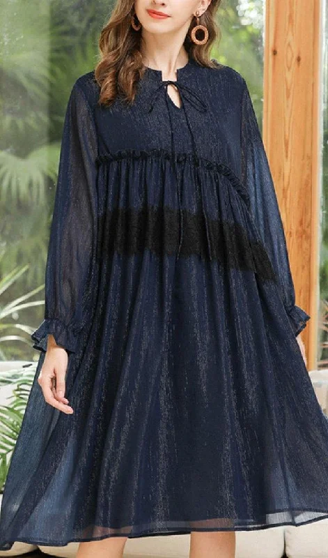 Special Offer lace dressPlus Size Navy Cinched Chiffon O-Neck Summer Maxi Dress