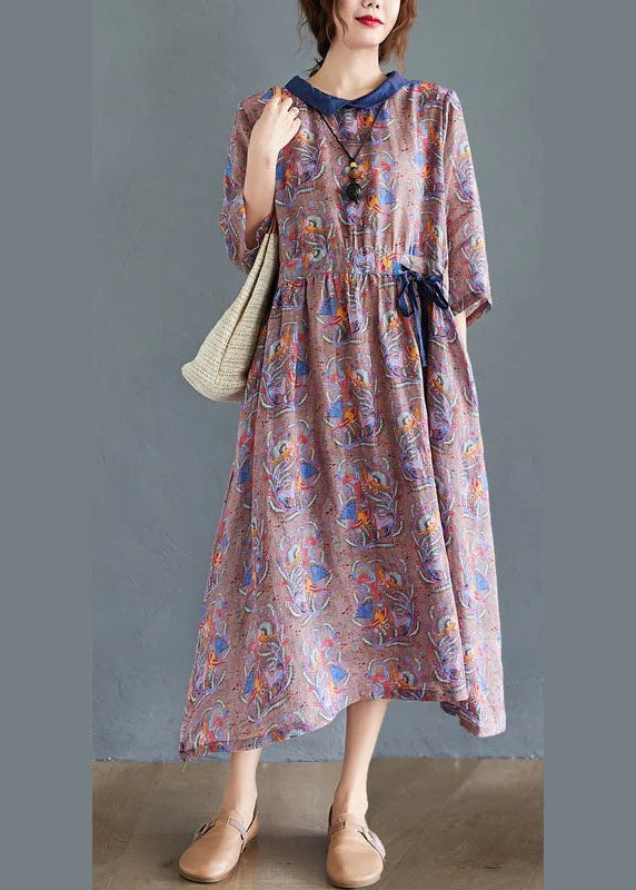 Now or Never minimalistic dressBoho Tie Waist Print Pockets Fall Mid Dress Half Sleeve