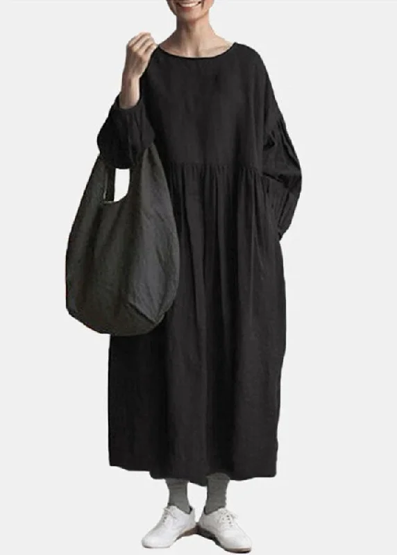 Mega Sale bohemian dressPlus Size Black O Neck Wrinkled Patchwork Cotton Dress Spring