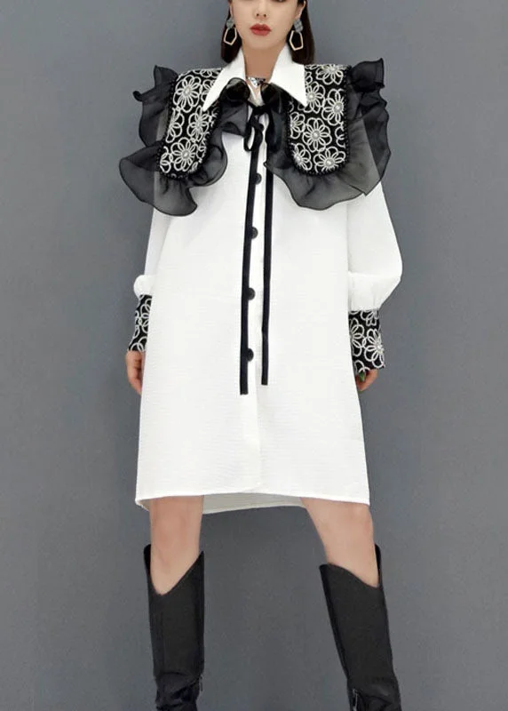 Reduced Prices long sleeve dressCute White button Peter Pan Collar Lace Patchwork shirt Dresses Spring