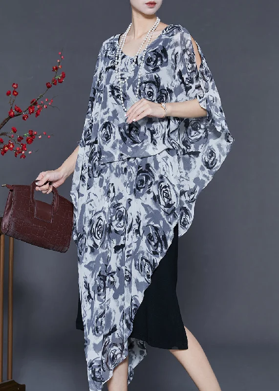 Best Deals chic wrap dressStylish Grey Asymmetrical Floral Chiffon Tea Dress Summer