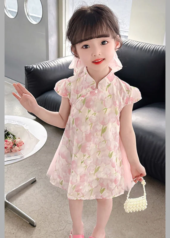 Buy More, Save More ashionable dressStyle Pink Stand Collar Print Tulle Patchwork Button Girls Mid Dress Short Sleeve Buy More, Save More ashionable dressStyle Pink Stand Collar Print Tulle Patchwork Button Girls Mid Dress Short Sleeve