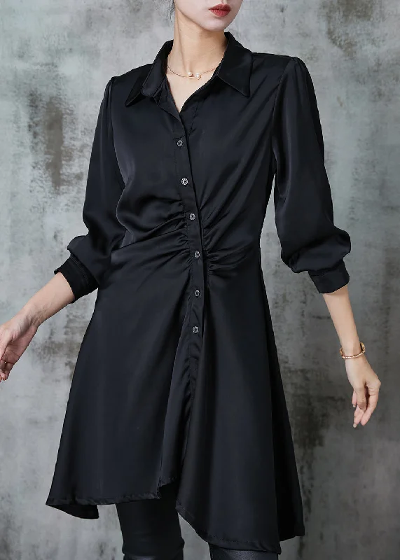 Deep Discounts v-neck dressDIY Black Asymmetrical Wrinkled Chiffon Mid Dress Spring