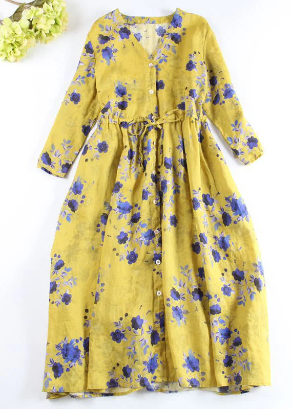 Blowout Deals fitted cocktail dressBoutique Yellow Button V Neck Print Linen Shirt Dress Long Sleeve