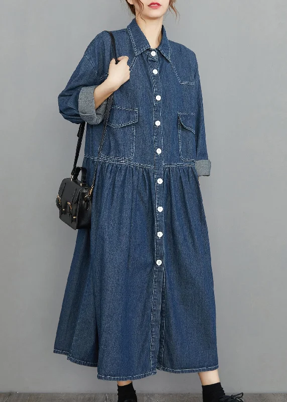 Savings Alert draped dressChic Navy Peter Pan Collar Button Pockets wrinkled Denim Dress Spring