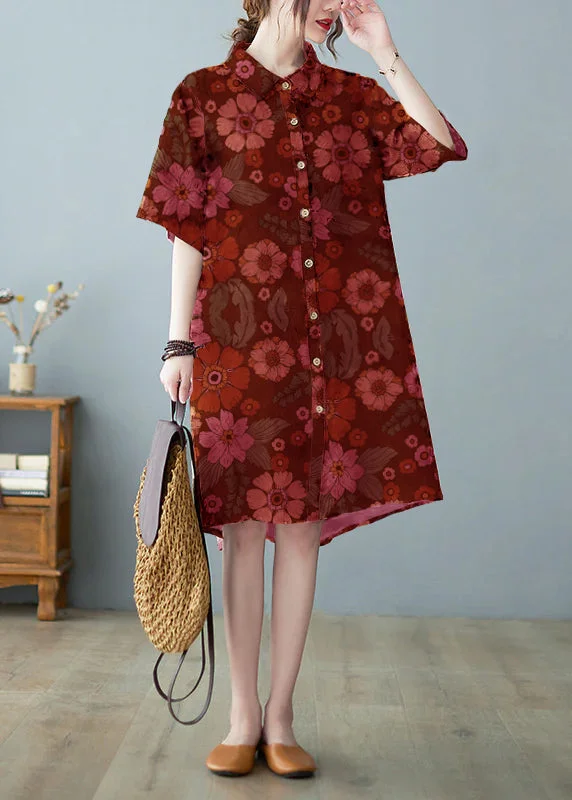 Don't Wait modern dressModern Red Button Stand Collar Floral Print Party Dress Half Sleeve