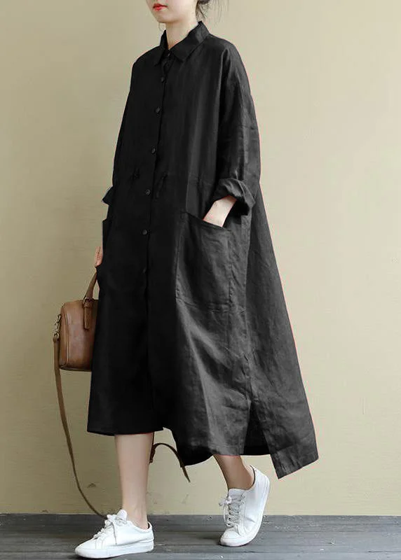 Factory Direct Sale long-sleeve floral dressBlack  Linen Shirt Dress Casual Oversize Spring Maxi Dresses