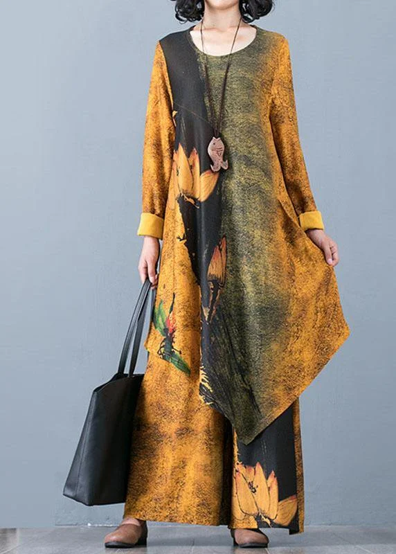 Limited Time minimalistic dressAutumn Knitted Yellow Print Irregular Medium Long Top Loose Wide Leg Pants Two Piece Set Limited Time minimalistic dressAutumn Knitted Yellow Print Irregular Medium Long Top Loose Wide Leg Pants Two Piece Set