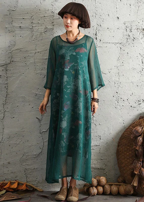 Weekend Flash Sale statement dressGreen Print side open Cotton Two Pieces Set Spring