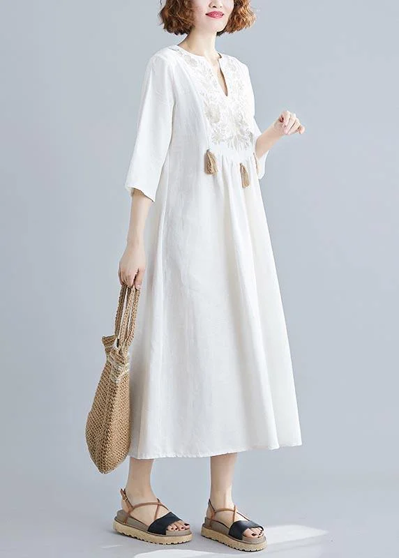 Hurry In comfy dressUnique V Neck Tassel Spring White Loose Linen Dress
