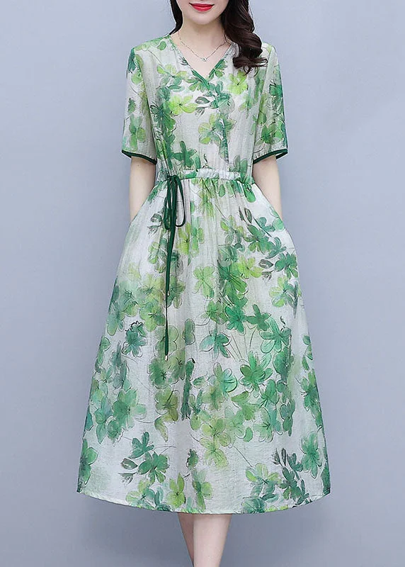 Inventory Reduction office dressBoho Green V Neck Drawstring Print Silk Cinch Dresses Short Sleeve