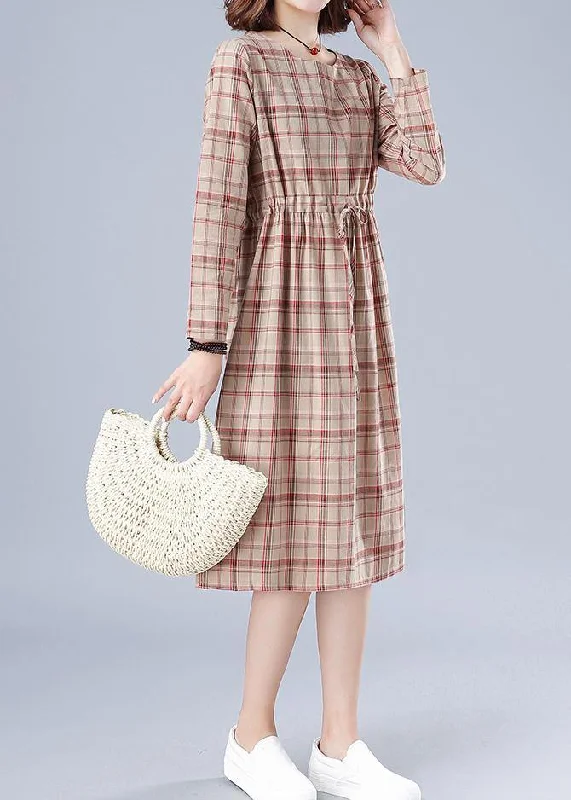 Savings Spectacular ruched dressWomen O Neck Drawstring Spring Clothes Ideas Nude Plaid Dresses