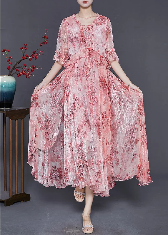 Final Markdown evening dressWomen Pink Ruffled Print Silk Maxi Dresses Summer