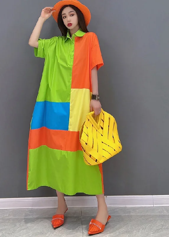 Instant Discount sophisticated dressFrench Colorblock Peter Pan Collar Patchwork Cotton Streetwear Dresses Short Sleeve