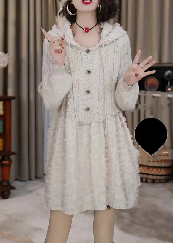 The Best Prices classic fit-and-flare dressElegant Beige Hooded Patchwork Knit Mid Dress Winter The Best Prices classic fit-and-flare dressElegant Beige Hooded Patchwork Knit Mid Dress Winter