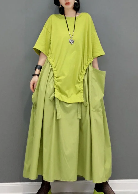 Inventory Reduction boho dressSimple Green pockets O-Neck Patchwork Maxi Dress Short Sleeve