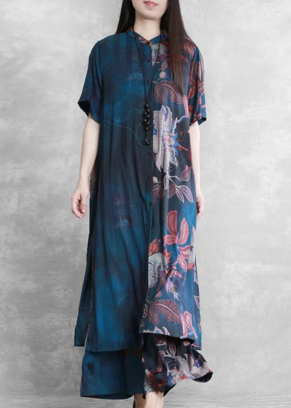Today Only off-the-shoulder dressNational wind blue color matching suit summer five-point sleeves loose two-piece suit
